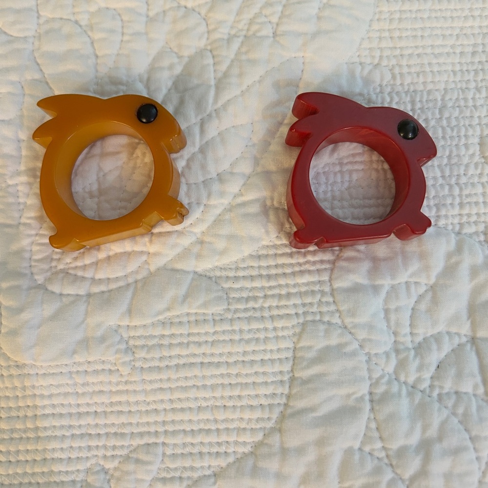 Set of two Red and Butterscotch Bakelite Vintage Bunny Napkin Rings